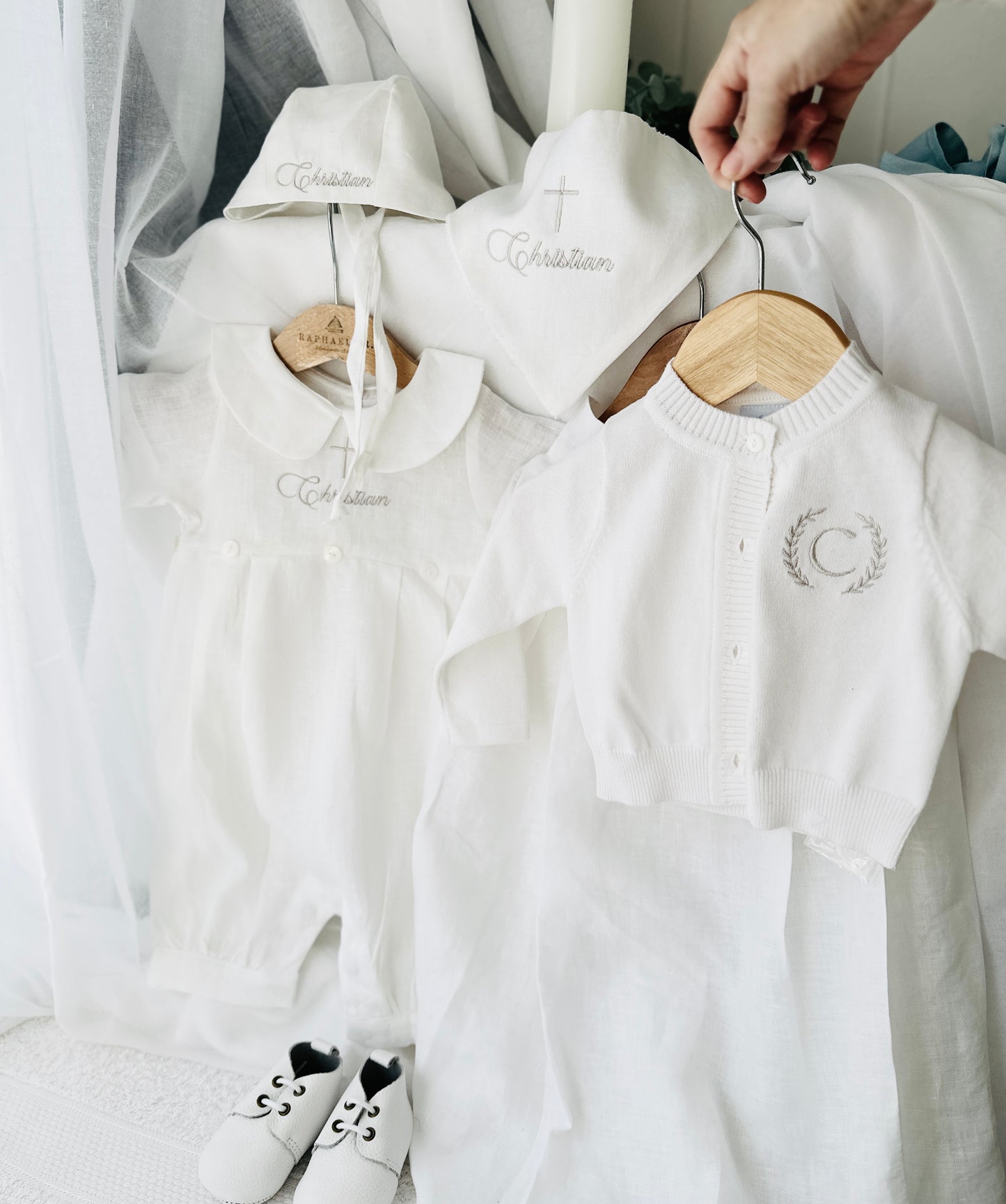 White linen Baptism Christening bib with optional embroidery
