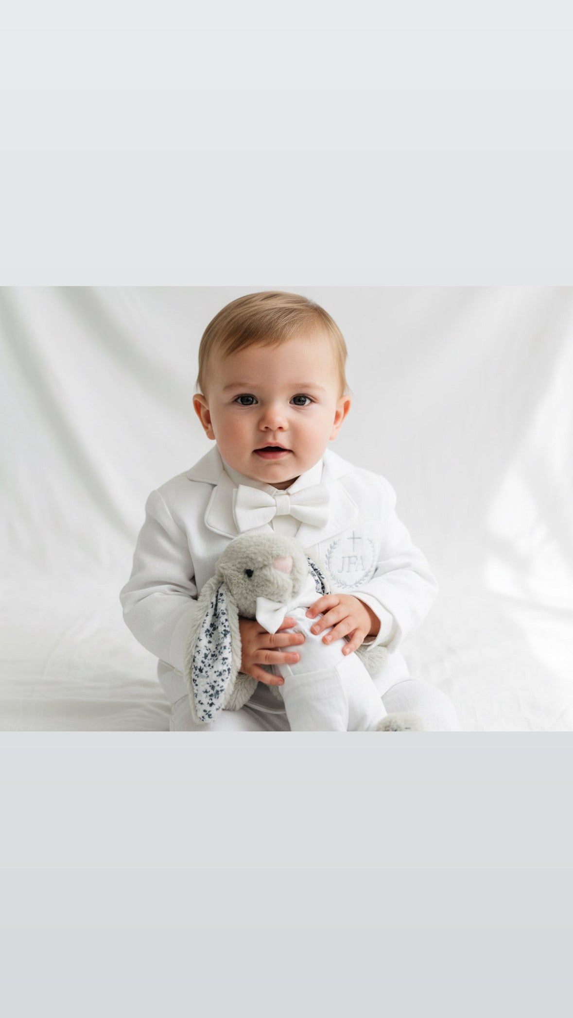 White linen Baptism suit set with pants, shirt, suspenders and bowtie plus optional jacket and extras