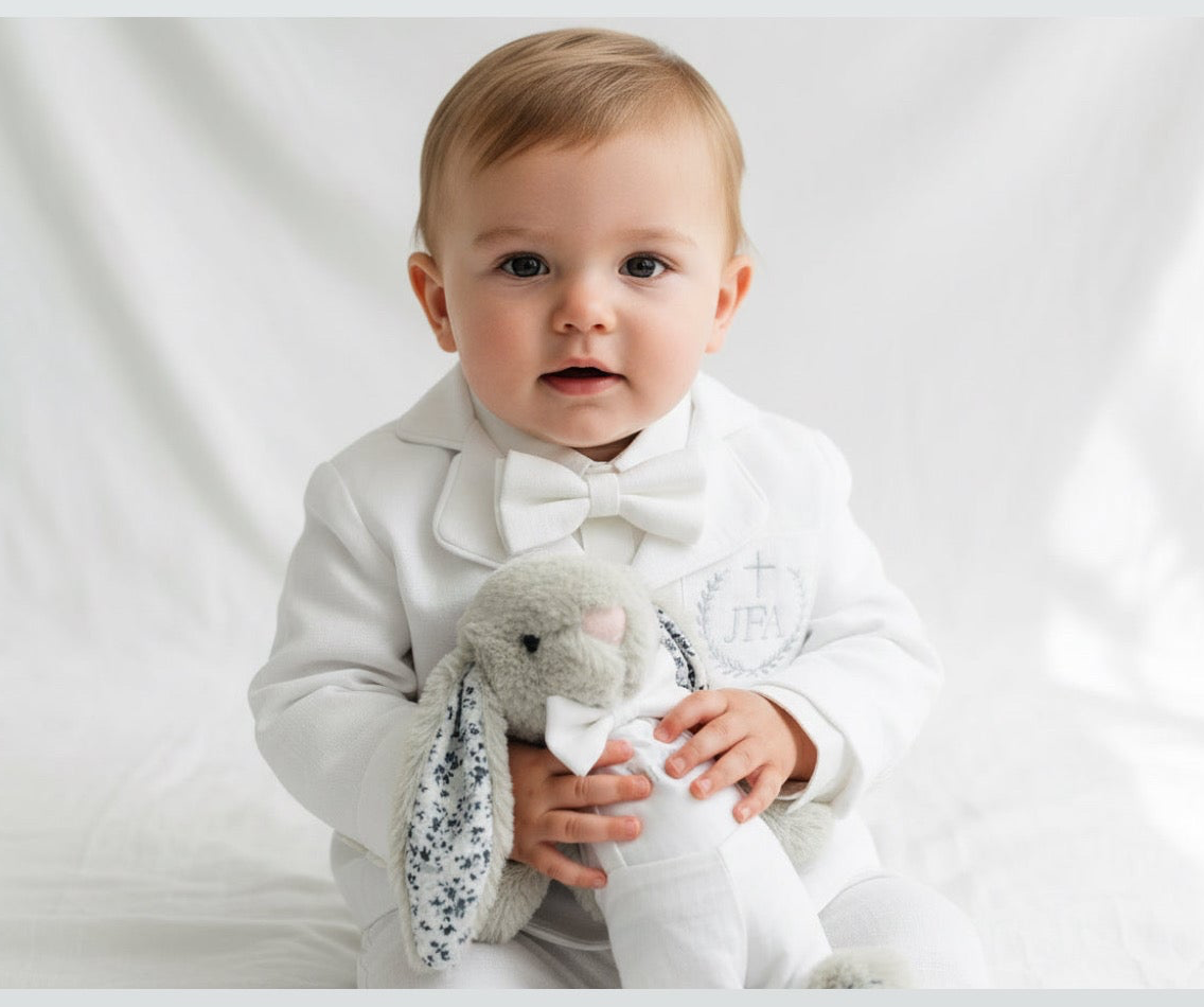 White linen Baptism suit set with pants, shirt, suspenders and bowtie plus optional jacket and extras