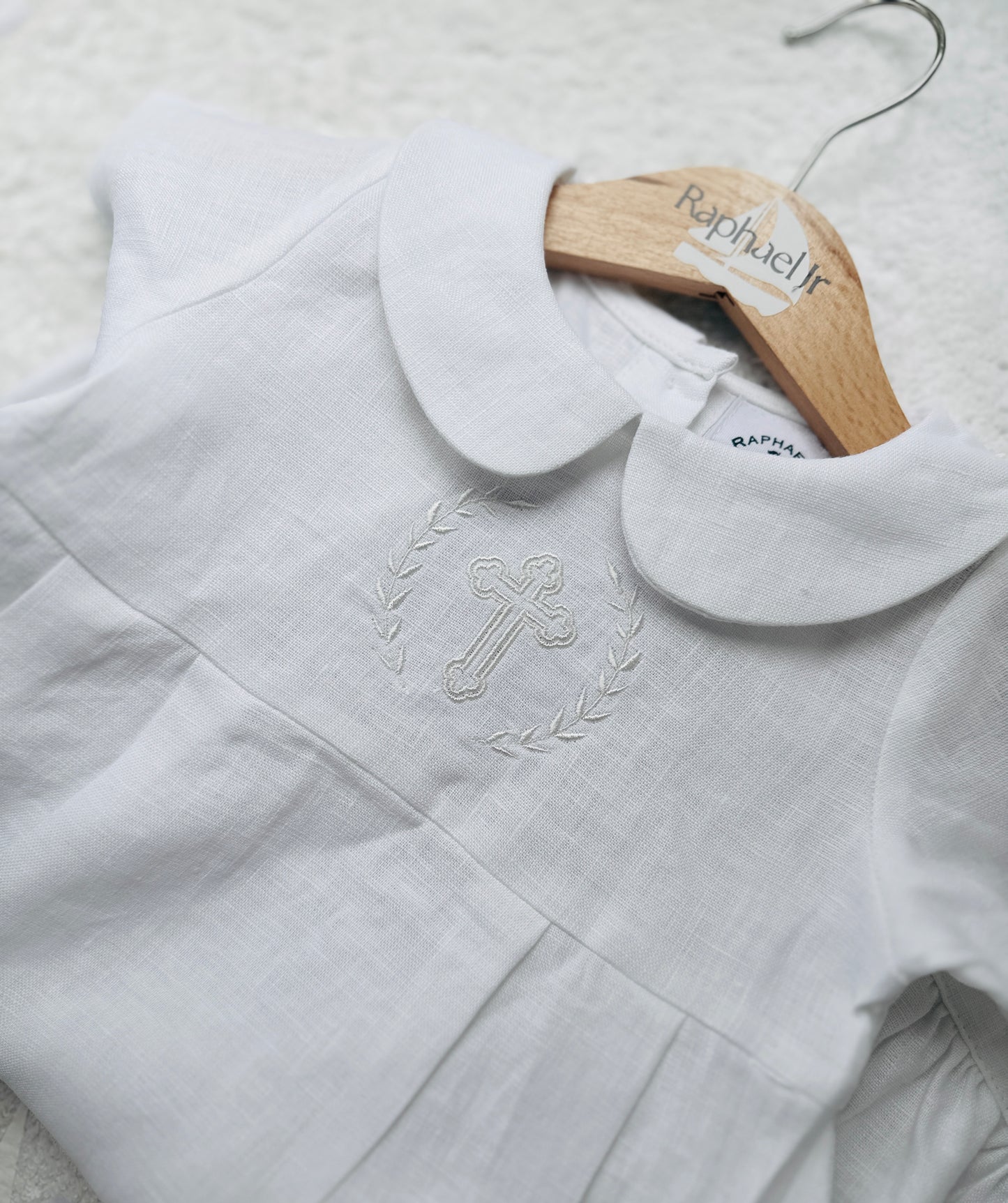 Linen Baptism romper dungaree jumpsuit with optional cardigan and embroidery