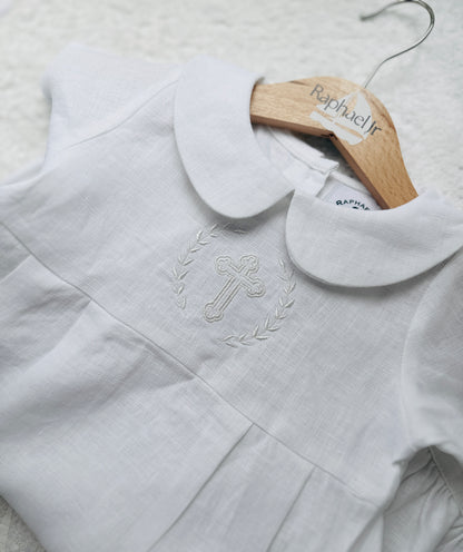 Linen Baptism 3/4 length jumpsuit with optional cardigan and embroidery