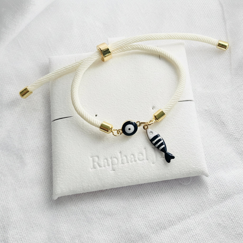 Evil eye bracelet white rope with gold clasps and optional charm