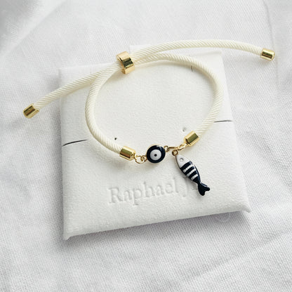 Evil eye bracelet white rope with gold clasps and optional charm