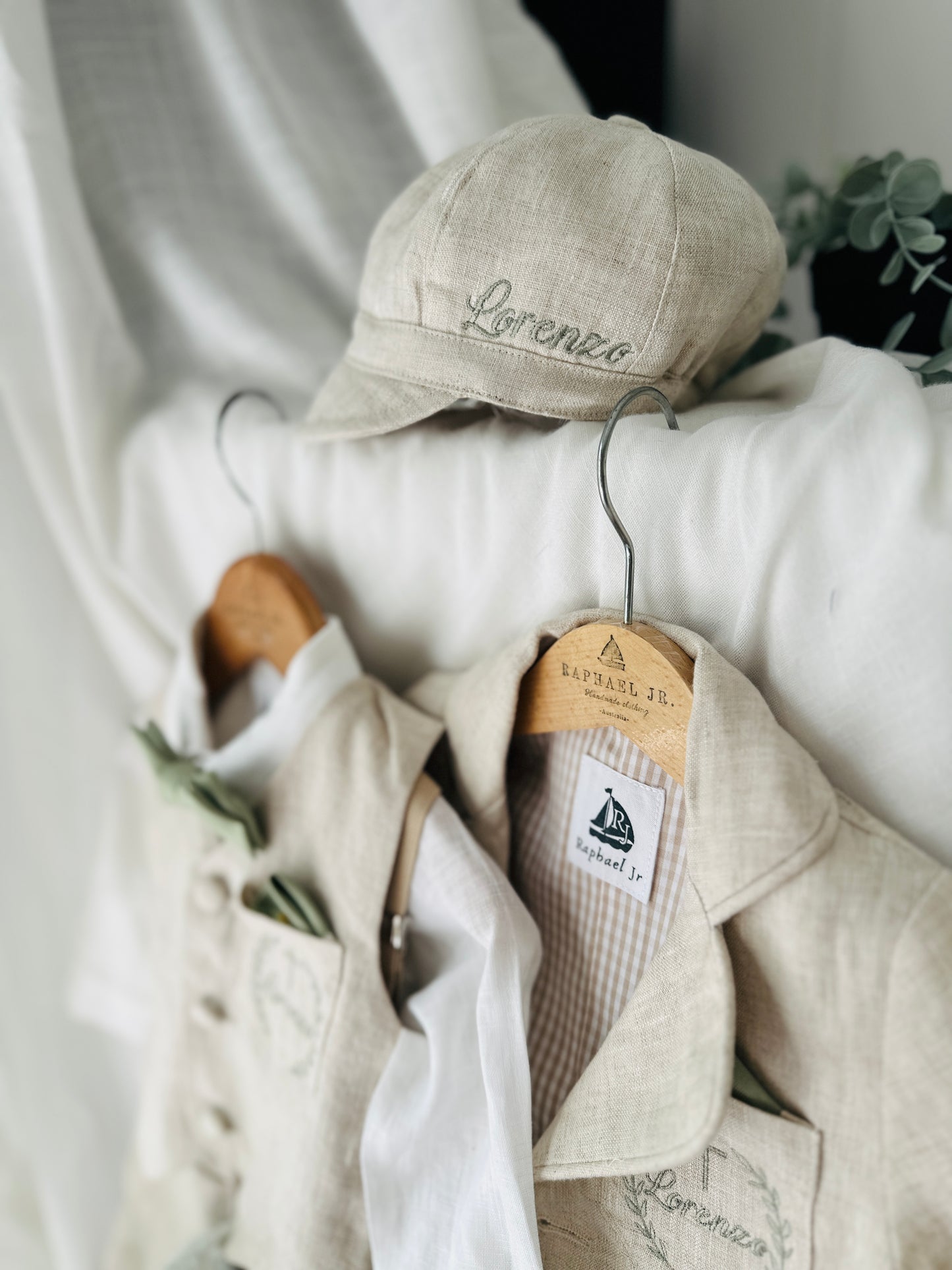Beige Linen vest suit, shirt, pants, suspenders and bowtie plus optional jacket, cap and shoes