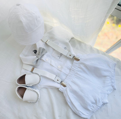 Baby and Toddler Boys white linen baptism outfit with bloomers, shirt, suspenders, bow tie