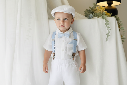 White linen summer Baptism outfit with shorts shirt and suspenders and optional pale blue jacket