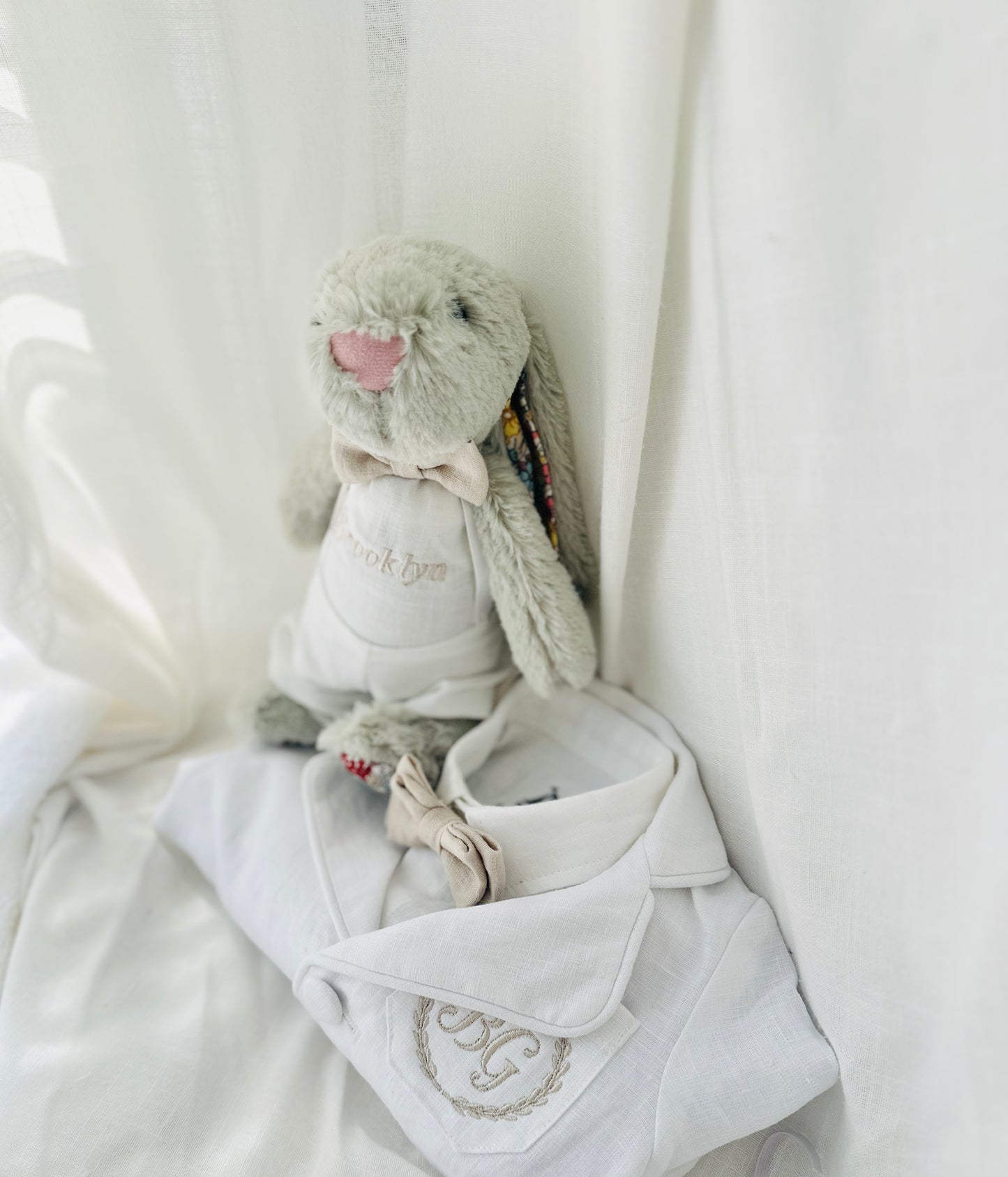 White linen summer Baptism outfit with suspender shorts, shirt, bowtie plus optional extras