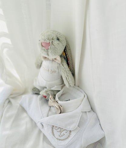 White linen summer Baptism outfit with suspender shorts, shirt, bowtie plus optional extras