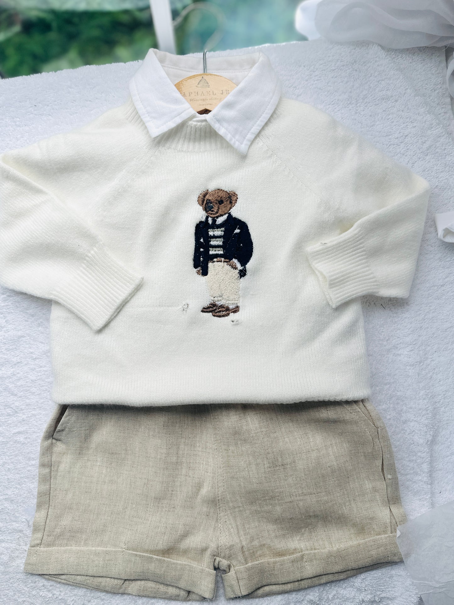 Polo Bear first birthday set with linen shirt, shorts and bear jumper