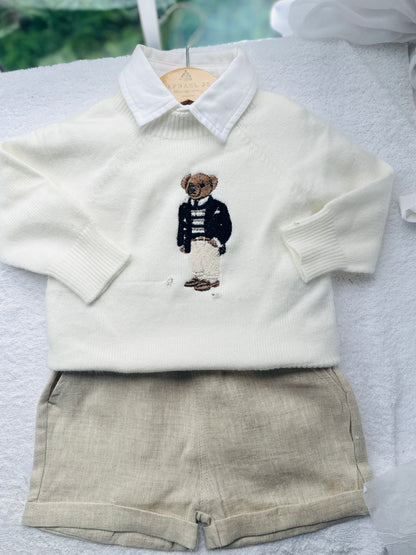 Polo Bear first birthday set with linen shirt, shorts and bear jumper