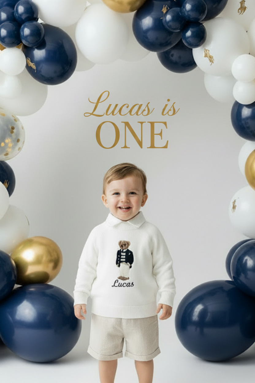 Polo Bear first birthday set with linen shirt, shorts and bear jumper