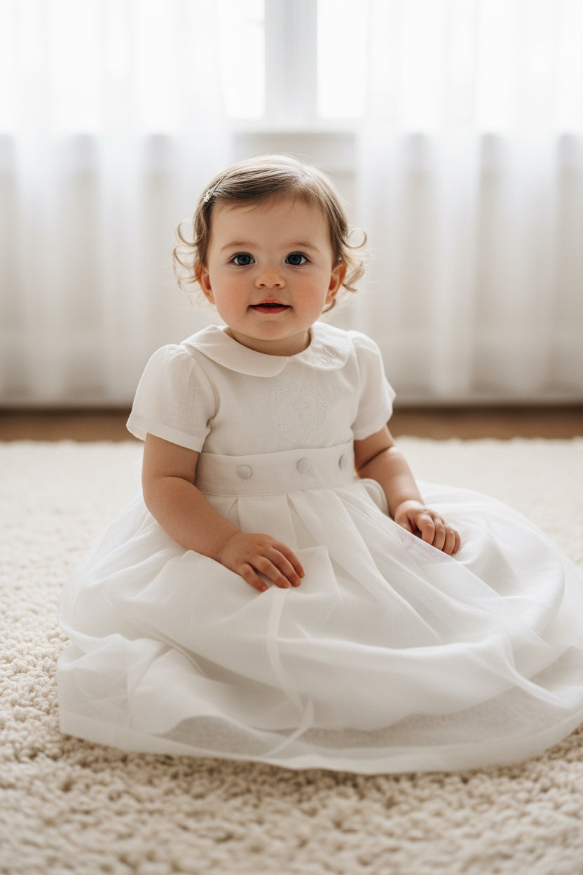 White Linen Baptism dress with detachable long skirt gown