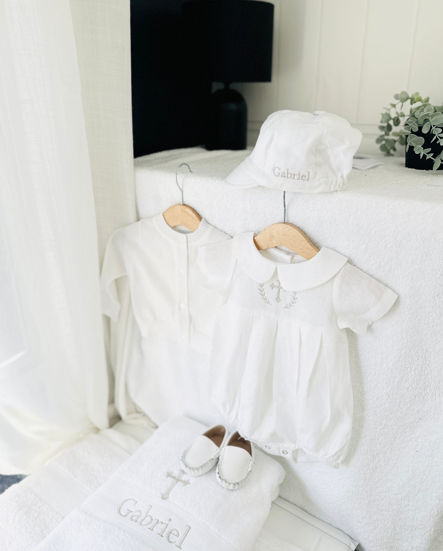 Linen Baptism peter pan collar bubble romper with optional embroidery customisation