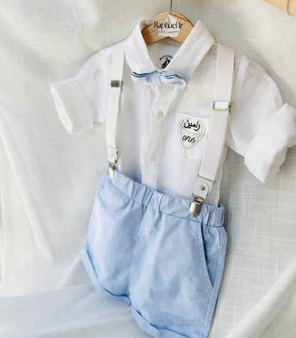 Blue chambray set with blue pants, white linen shirt, white, blue or beige suspenders and blue bow tie