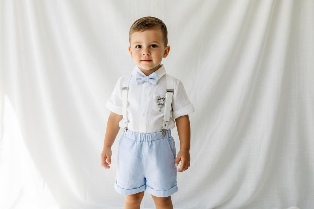 Light Blue summer first birthday set with shorts, shirt, suspenders and bow tie plus optional extras