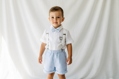 Light Blue summer first birthday set with shorts, shirt, suspenders and bow tie plus optional extras