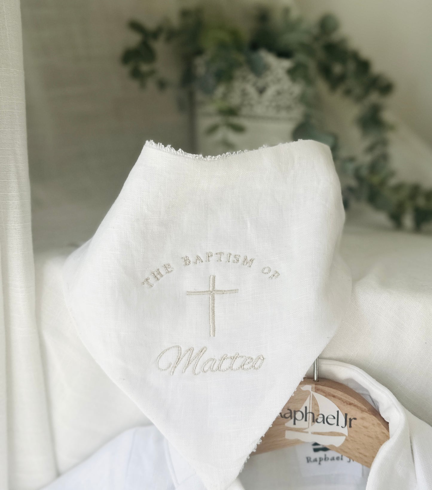 White linen Baptism Christening bib with optional embroidery