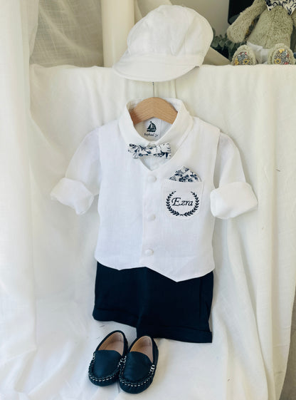 White linen vest and navy shorts summer set