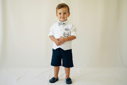 Navy blue and white linen vest Outfit with shirt, shorts, suspenders and bow tie