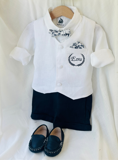 White linen vest and navy shorts summer set