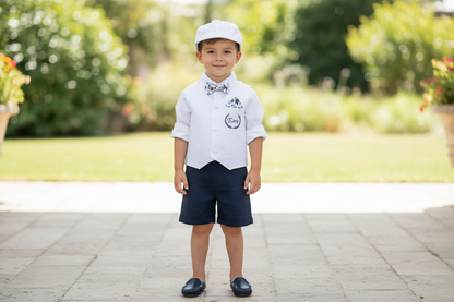 White linen vest and navy shorts summer set