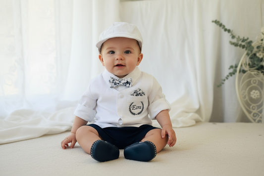 Navy blue and white linen vest Outfit with shirt, shorts, suspenders and bow tie