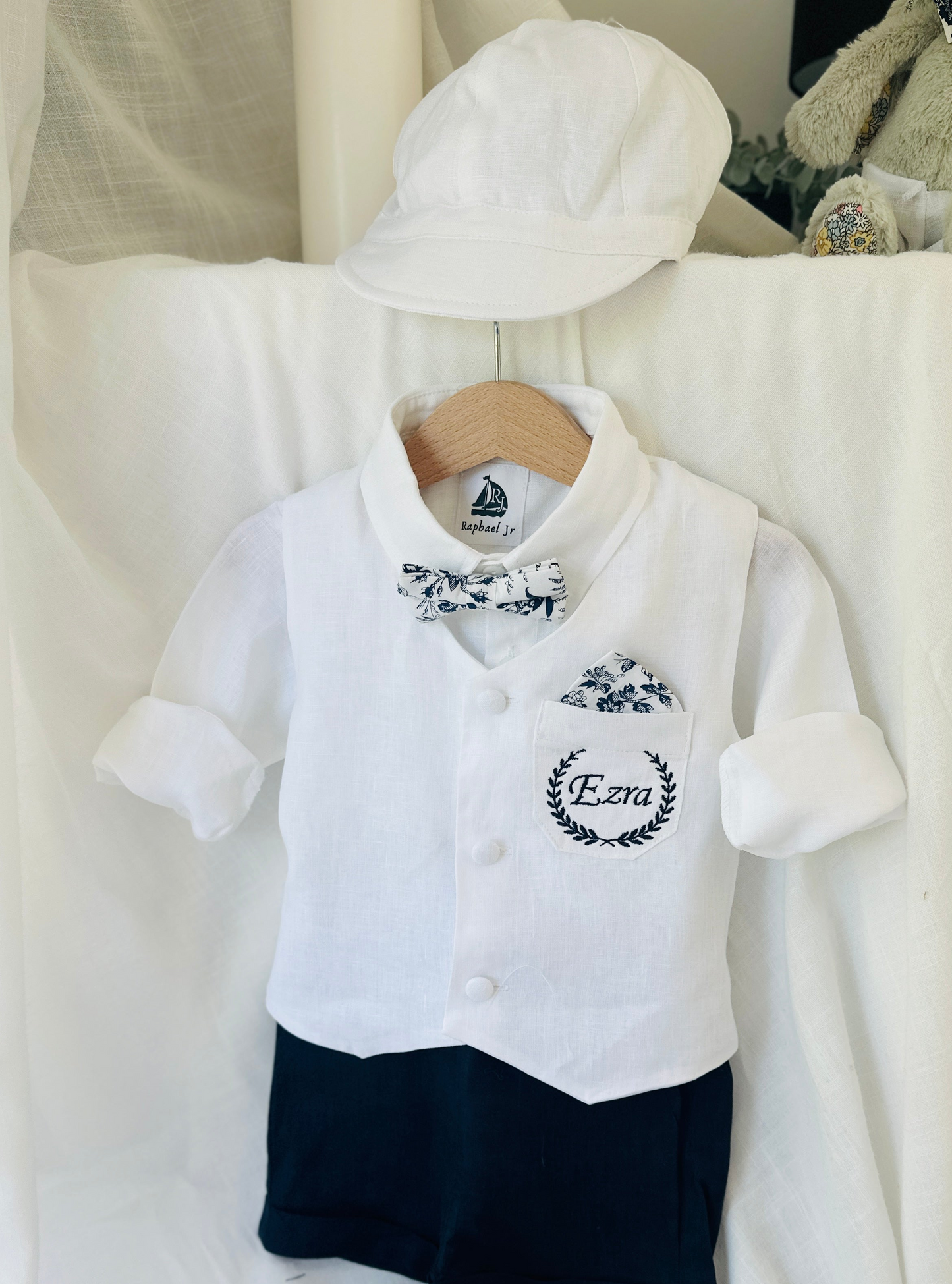 Boys white vest with white linen suit and navy jacket set