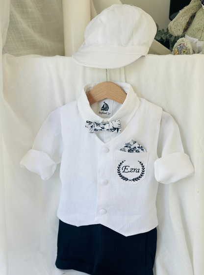 Boys white vest with white linen suit and navy jacket set