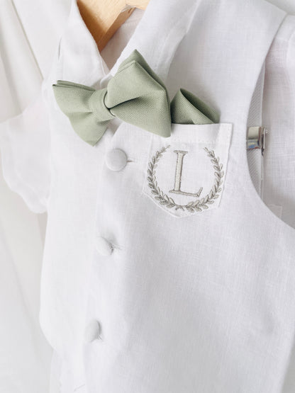 Boys white linen full length Baptism set with vest, shirt, pants, suspenders and bow tie