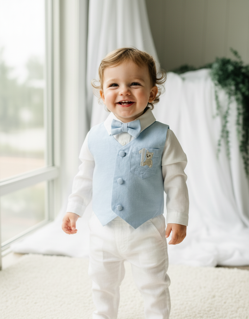 Pale blue vest suit with white pants and blue vest