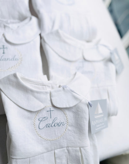 Linen Baptism peter pan collar bubble romper with optional embroidery customisation