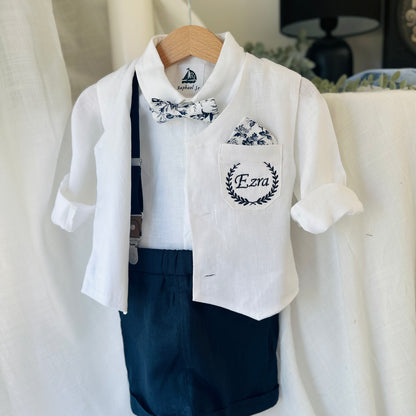 White linen vest and navy shorts summer set