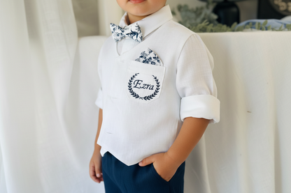 White linen vest and navy shorts summer set