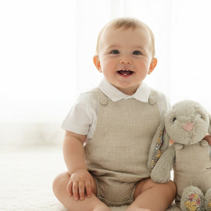 Beige linen baptism romper and shirt set