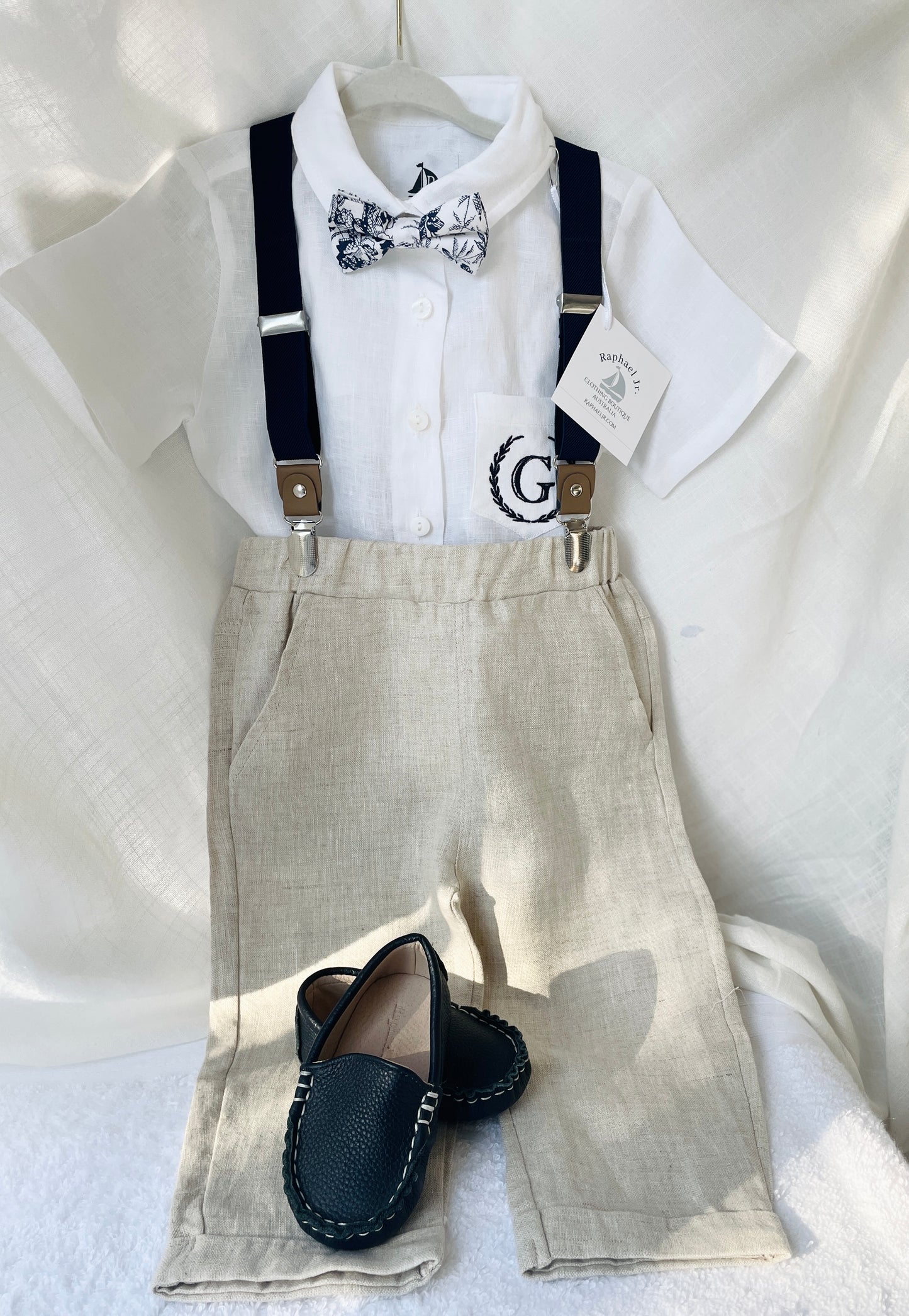 Navy blue and beige formal baptism or wedding suit with accessories and optional personalisation