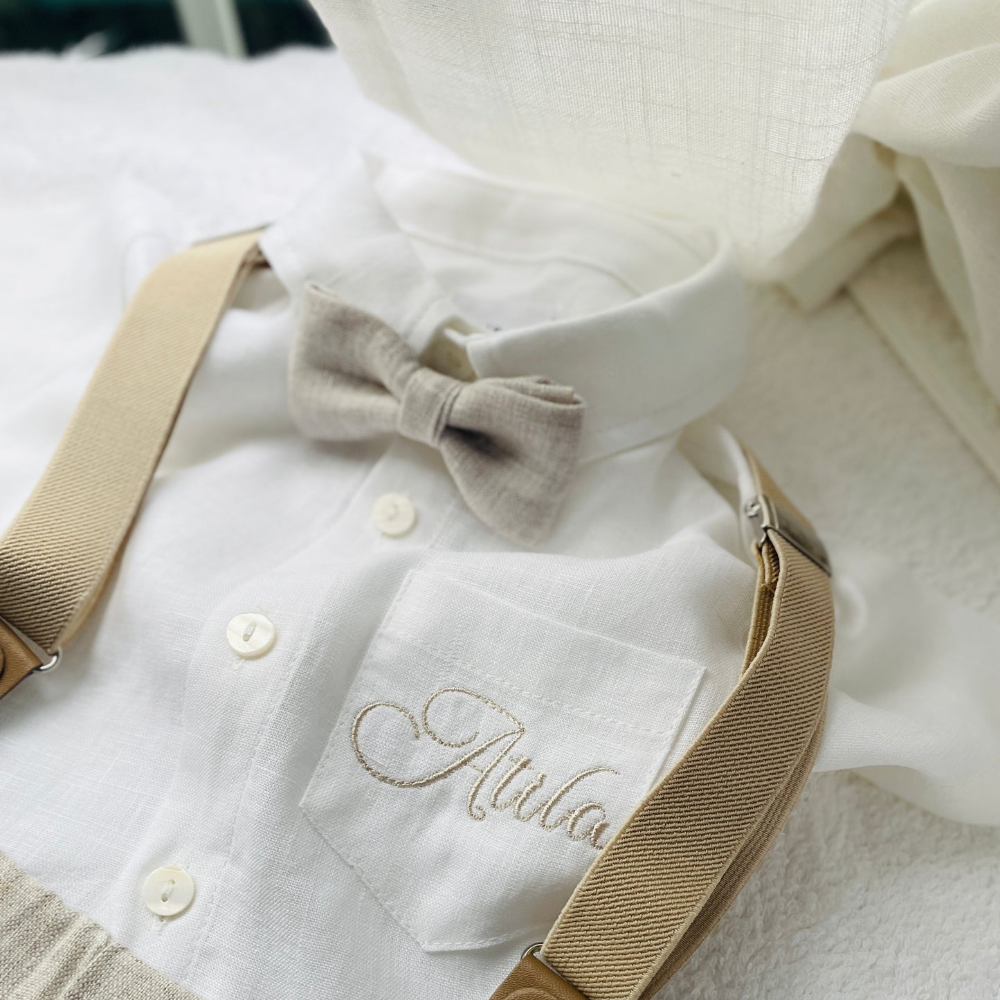 White and beige Summer linen outfit with suspender shorts, shirt, and bow tie plus optional jacket and embroidery