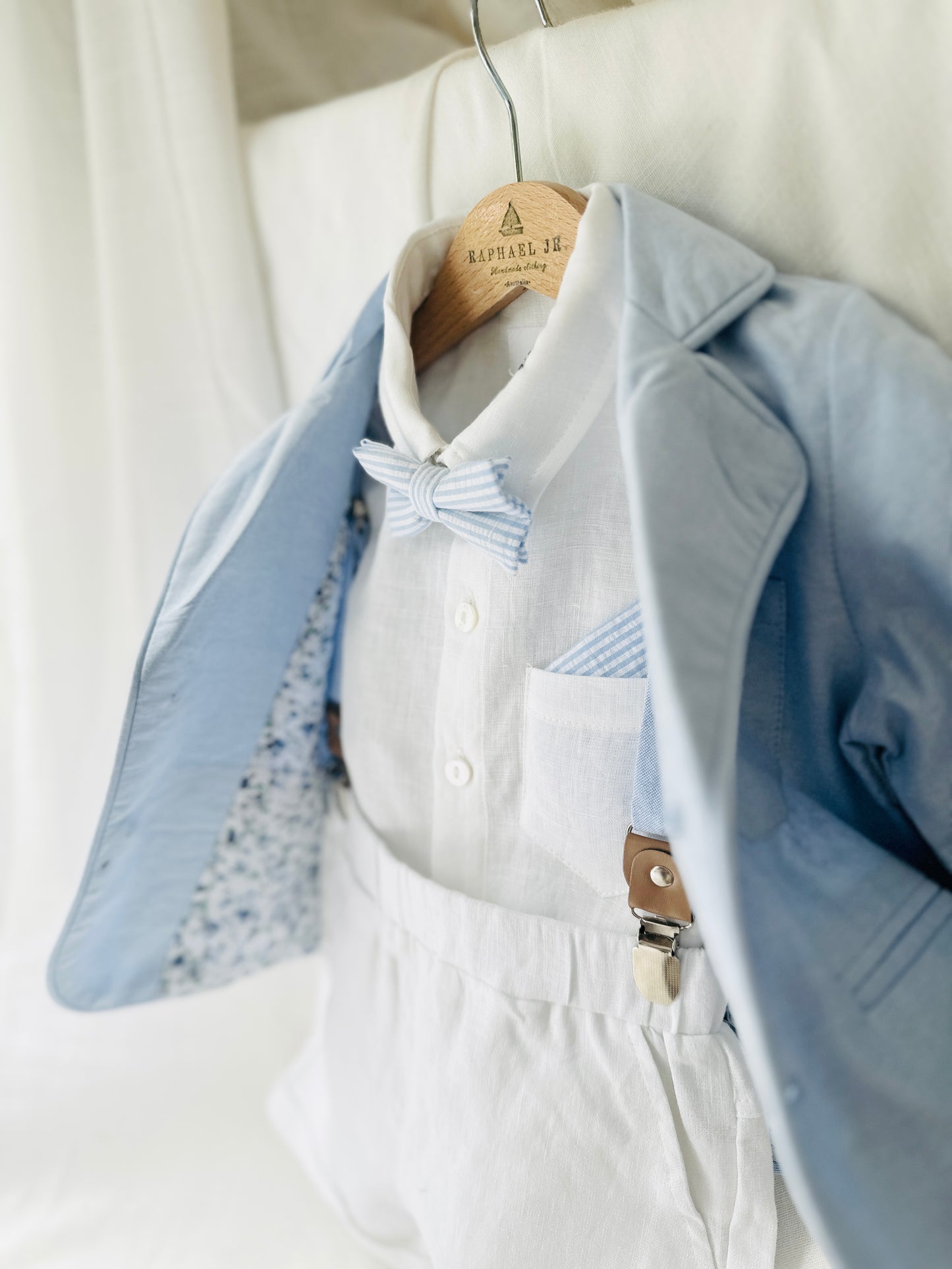 White linen summer Baptism outfit with shorts shirt and suspenders and optional pale blue jacket