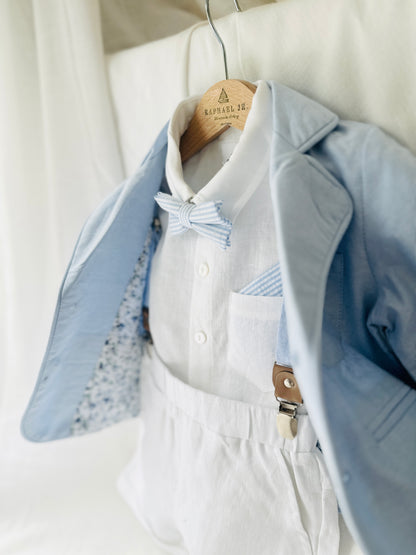 White linen summer Baptism outfit with shorts shirt and suspenders and optional pale blue jacket