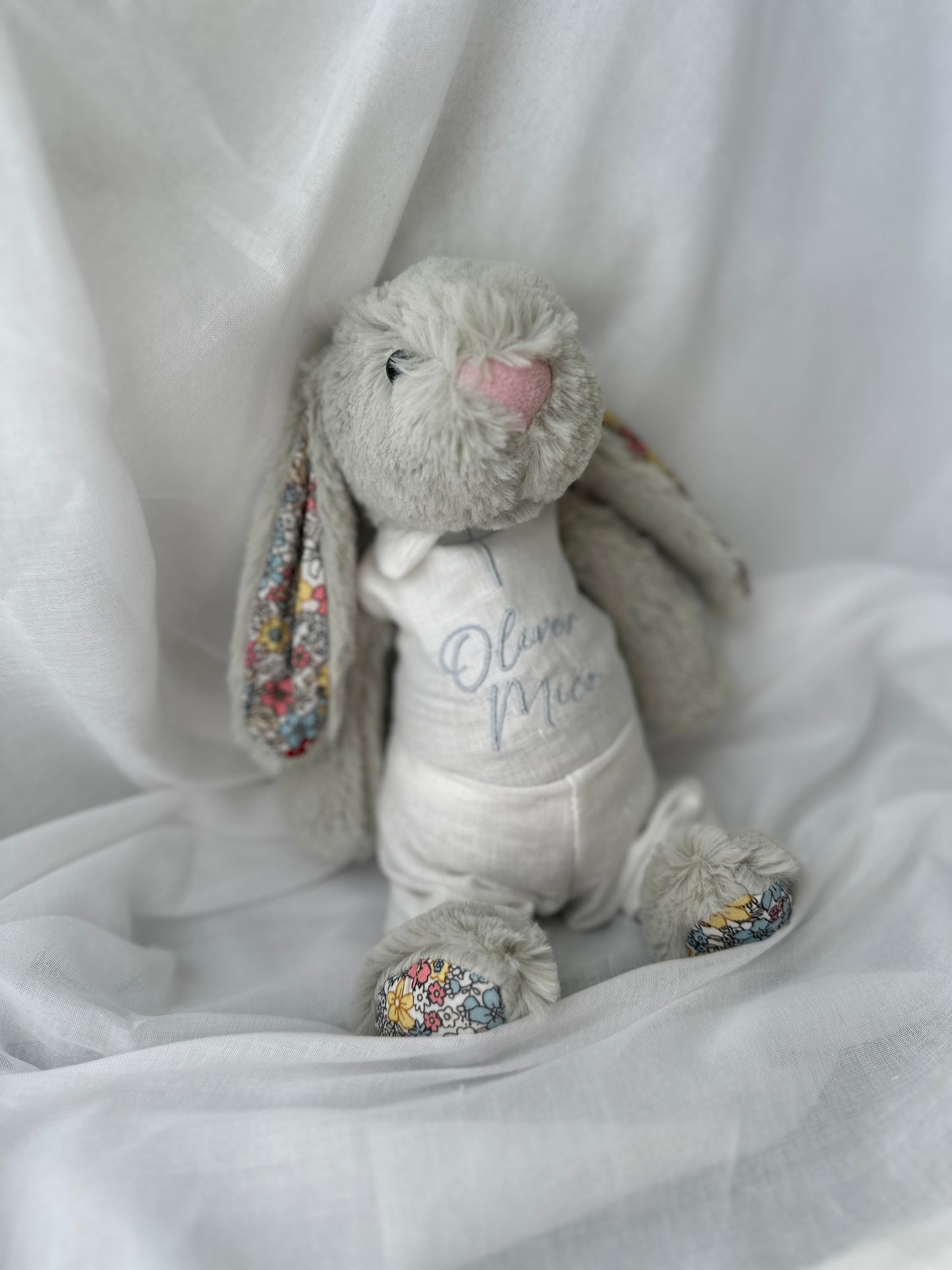 White and beige Summer linen outfit with suspender shorts, shirt, and bow tie plus optional jacket and embroidery