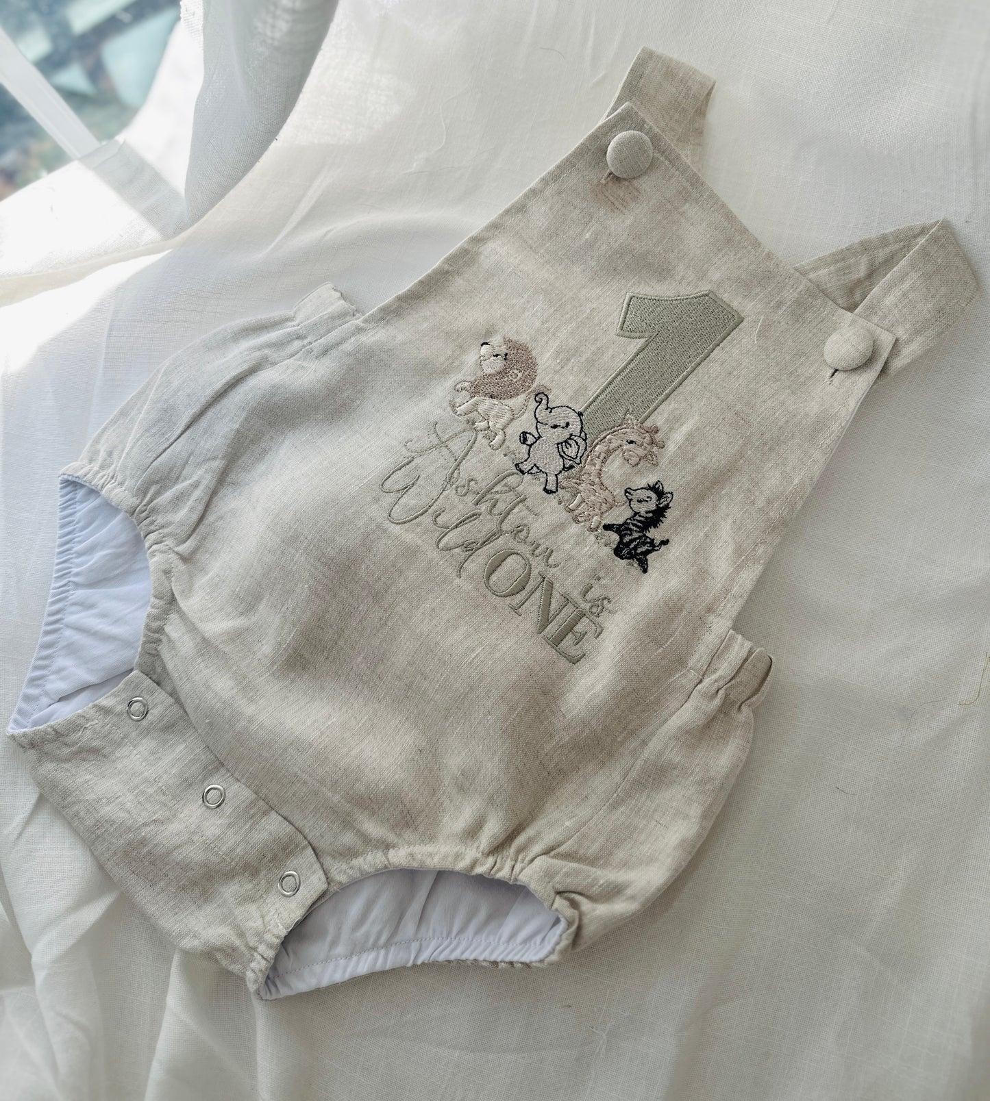 Boys Beige Linen First Birthday romper overalls wild one safari