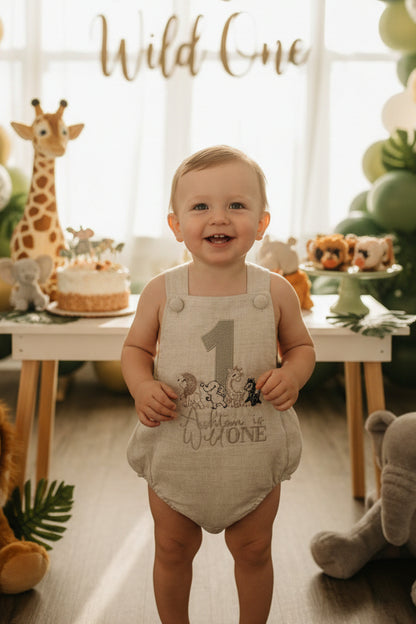 Boys Beige Linen First Birthday romper overalls wild one safari