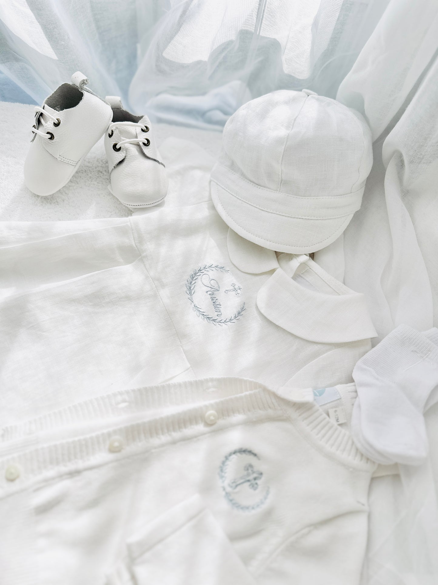 Linen Baptism 3/4 length jumpsuit romper with optional cardigan and embroidery