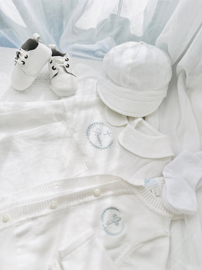 Linen Baptism 3/4 length jumpsuit romper with optional cardigan and embroidery