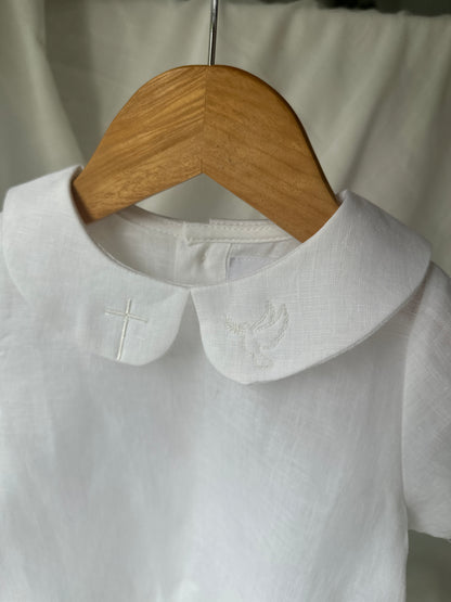 Pure linen white blouse shirt with round collar