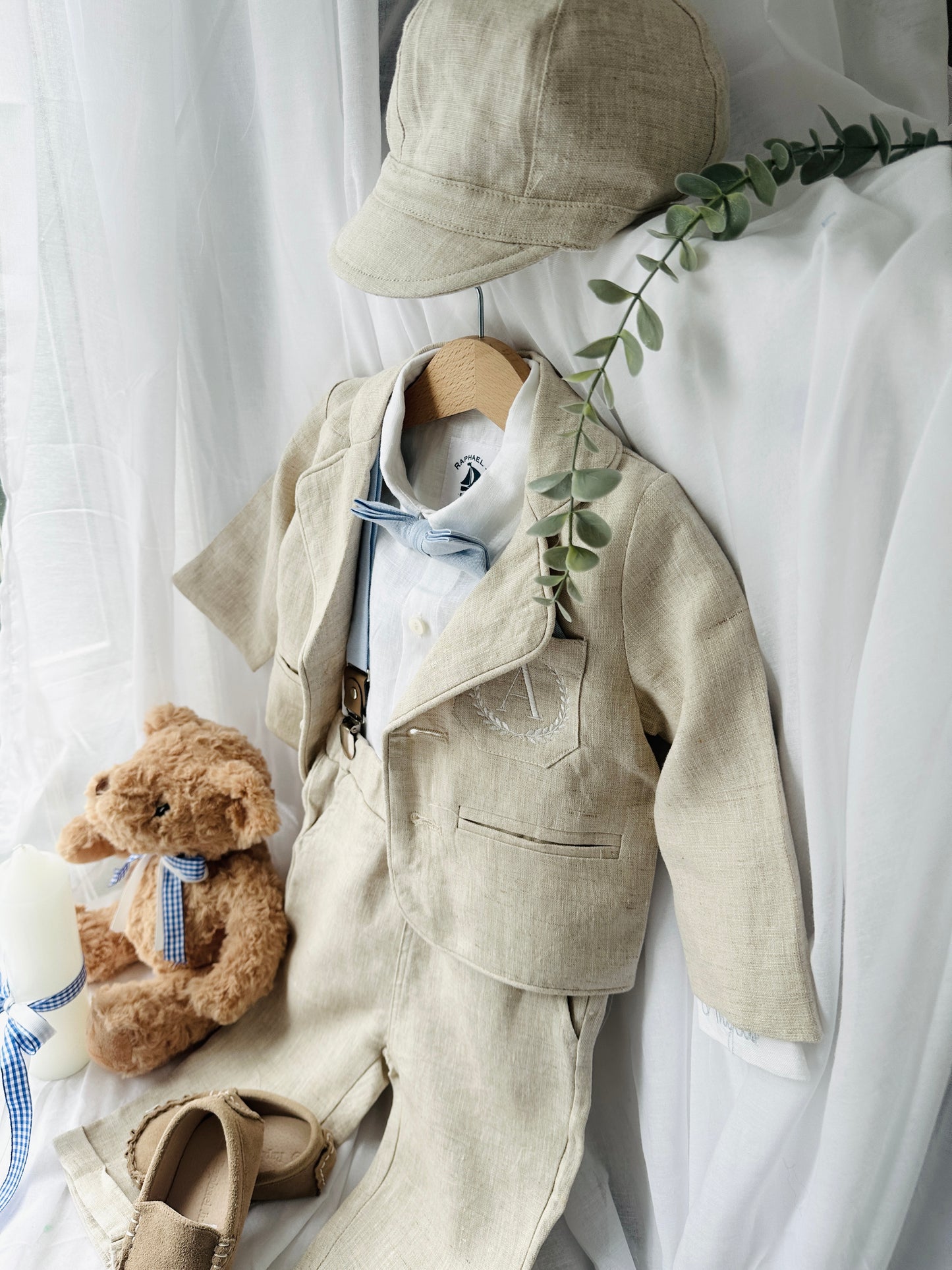Beige linen paper boy cap for baptisms and christenings with optional embroidery