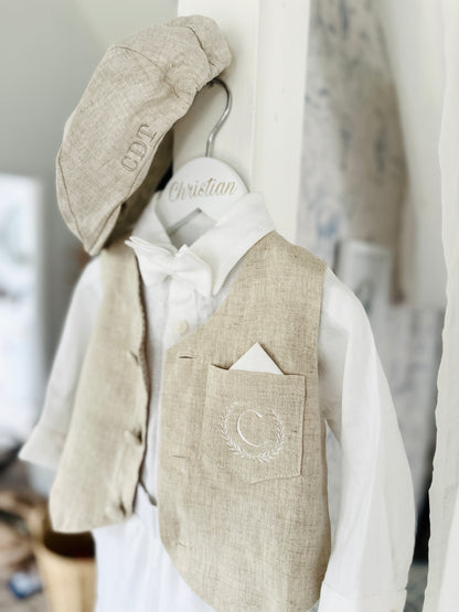 White and Beige Linen set with vest, shirt, pants, suspenders and bowtie plus optional jacket, cap and shoes