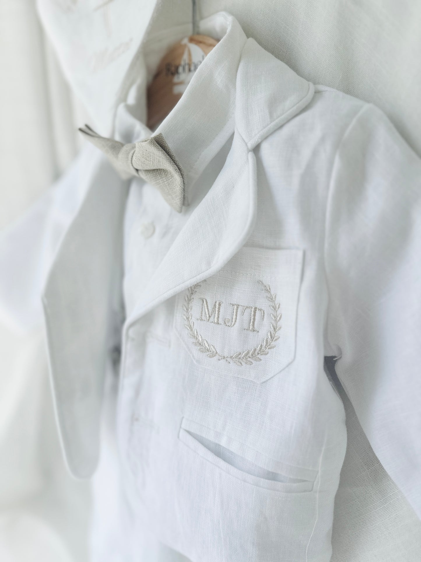 White linen Baptism suit set with pants, shirt, suspenders and bowtie plus optional jacket and extras