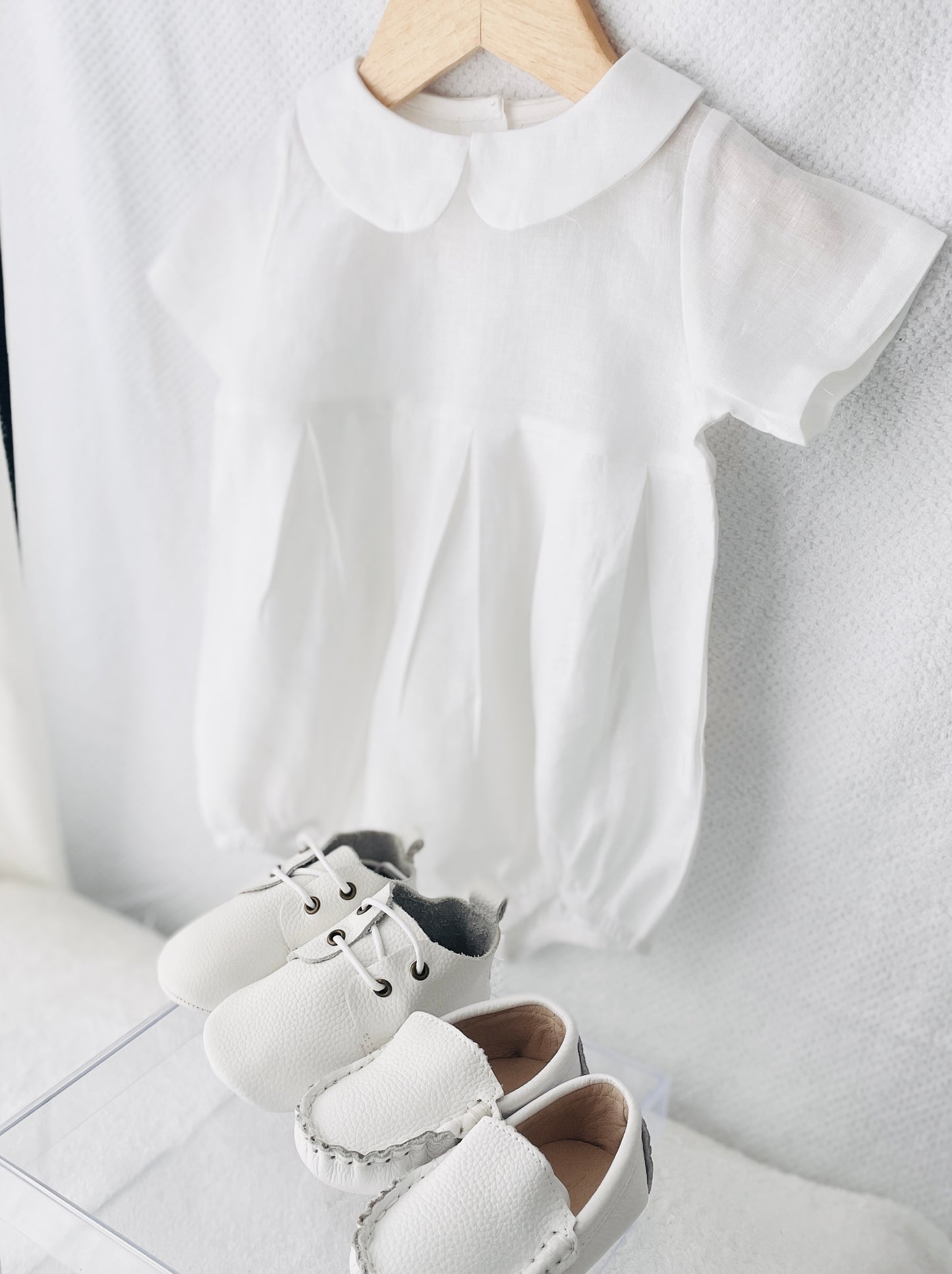 Linen Baptism peter pan collar romper outfit with optional embroidery customisation