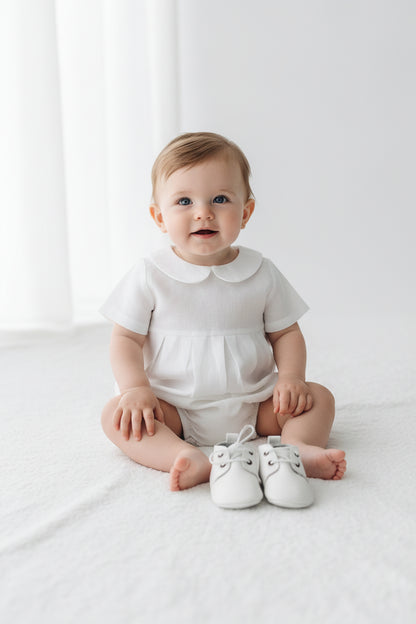 Linen Baptism peter pan collar bubble romper with optional embroidery customisation
