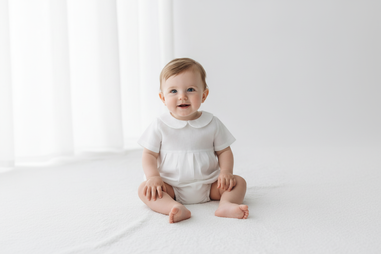 Linen Baptism peter pan collar bubble romper with optional embroidery customisation